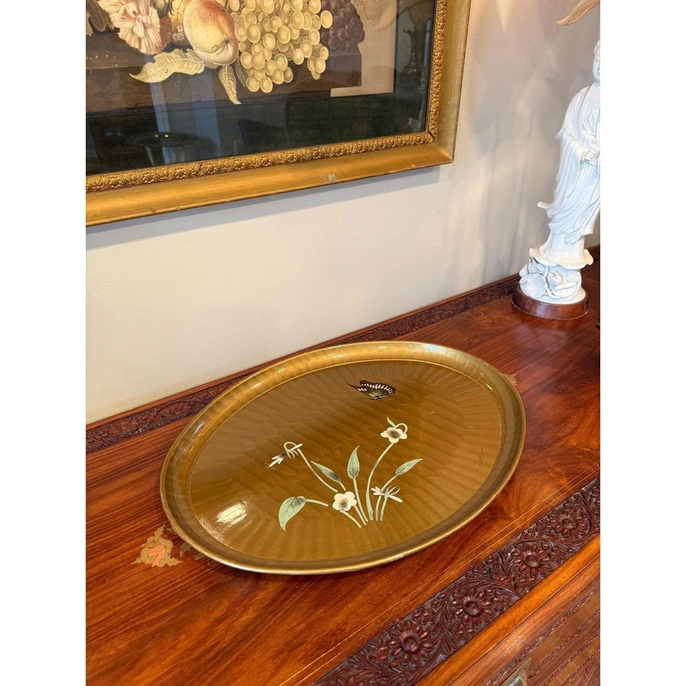 Vintage Gold Lacquer Tray, Hand Painted Butterfly Oval‎ Serving Tray - 18
